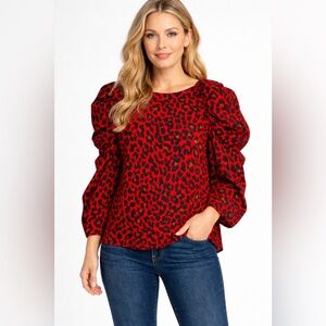 Zara Red and Black Animal Print Blouse Size Medium